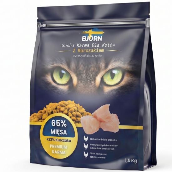SUCHA KARMA DLA KOTA Z KURCZAKIEM  65 % MIĘSA 1,5KG